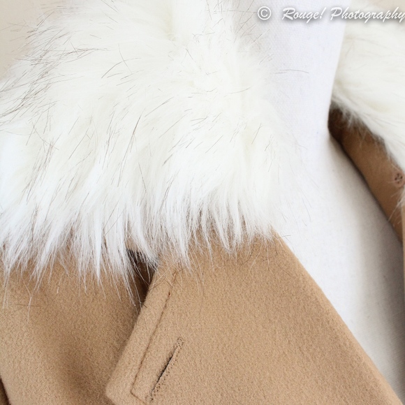 Faux Fur Belted Double Breasted Jacket In Camel - Picture 8 of 9